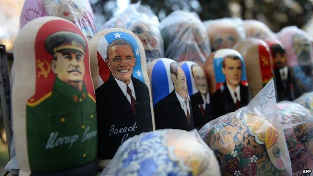 Russian dolls featuring Stalin, Barack Obama and other current or former world leaders on sale at a market in the Moldovan capital, Chisinau.