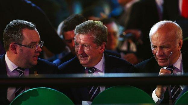 Alex Horne and Greg Dyke of the FA flank England boss Roy Hodgson