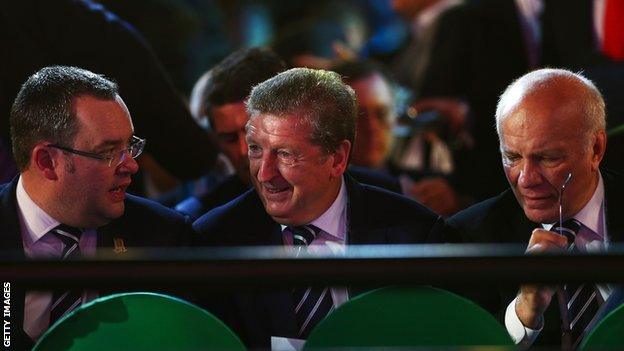 Alex Horne and Greg Dyke of the FA flank England boss Roy Hodgson