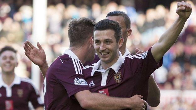 Hearts players celebrate a goal