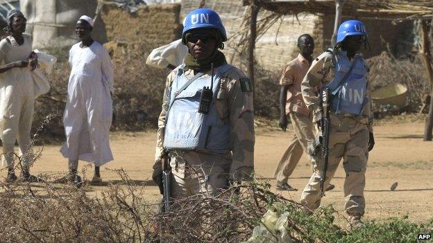 Peacekeepers from the UN-African Union mission to Darfur patrolling - November 2014