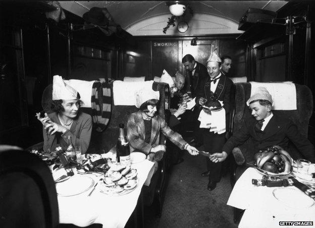 Family enjoying Christmas dinner in the Flying Scotsman restaurant car