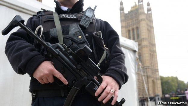 A police officer on duty against a backdrop of the Palace of Westminster