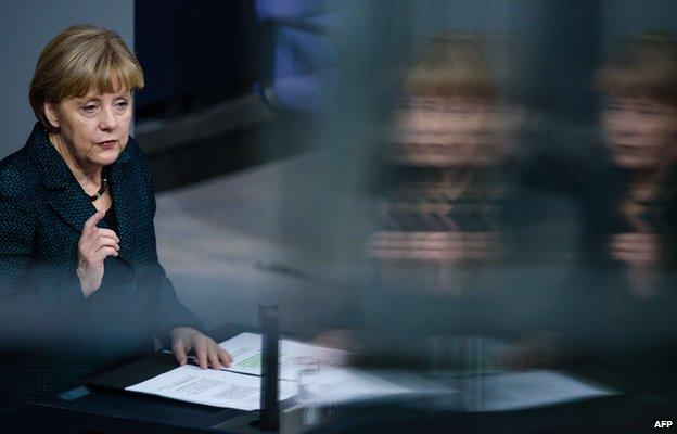 German Chancellor Angela Merkel addresses a session of the Bundestag (Lower House of Parliament) in Berlin on November 26, 2014