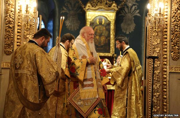 Bartholomew I, ecumenical patriarch of Constantinople, at a church service