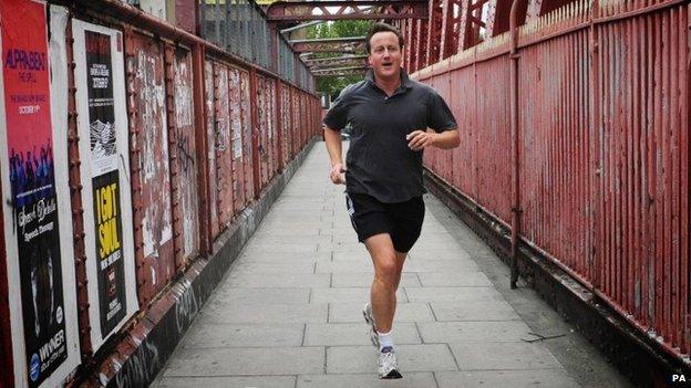 Conservative Party leader David Cameron jogs near his home in west London