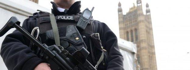 An armed Metropolitan police officer outside the Houses of Parliament