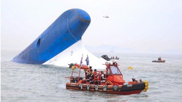 The Republic of Korea Coast Guard work at the site of ferry sinking accident off the coast of Jindo Island on April 16, 2014