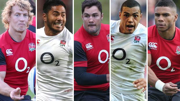 (left to right) Billy Twelvetrees, Manu Tuilagi, Brad Barritt, Luther Burrell and Kyle Eastmond in action for England