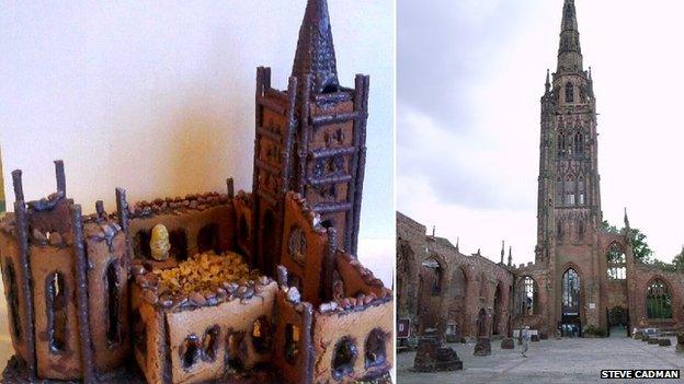 Coventry Cathedral in gingerbread and photograph of the ruins