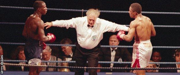 Chris Eubank (left) and Michael Watson (right) square up during their rematch WBO Super Middle Weight title fight held on September 21, 1991 at White Hart Lane, in London.