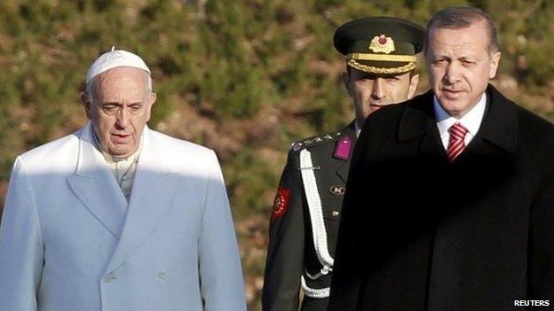 Pope Francis stands next to Turkey's President Tayyip Erdogan at the presidential palace in Ankara 28 November 2014