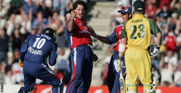 Jon Lewis of England takes the wicket of Michael Clarke of Australia during the NatWest International Twenty20 match between England and Australia