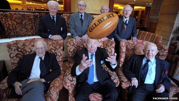 In 2008, surviving members of the 1948 grand slam winning Ireland side attended an event in Belfast. Pictured are Jim McCarthy, Jack Kyle, Jimmy Nelson, Karl Mullen, Paddy Reid, Bertie O'Hanlon and Michael O'Flanagan
