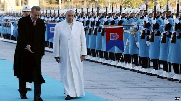 Pope Francis stands next to Turkey's President Tayyip Erdogan at the presidential palace in Ankara 28 November 2014