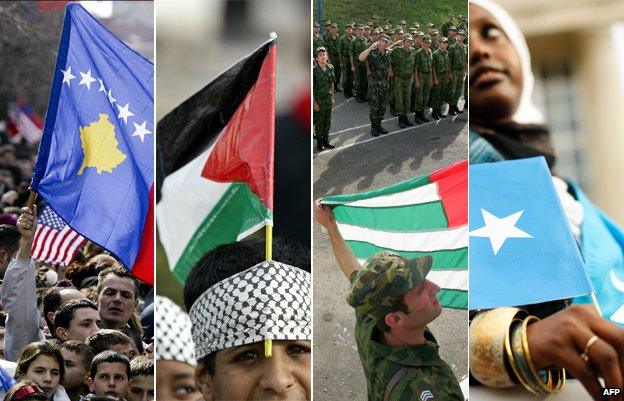 From left to right: Kosovo flag, Palestinian flag, Abkhazia flag, Somalia flag