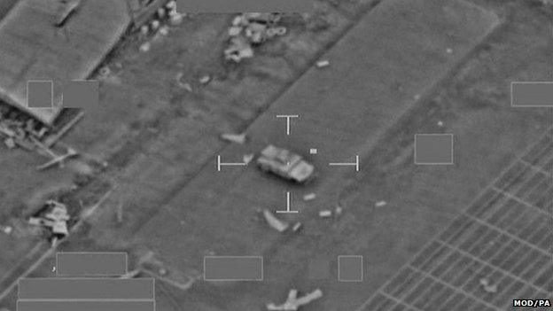 Handout image of alleged Islamic State vehicle before it was destroyed by a Brimstone missile released by a Royal Air Force Tornado GR4 aircraft