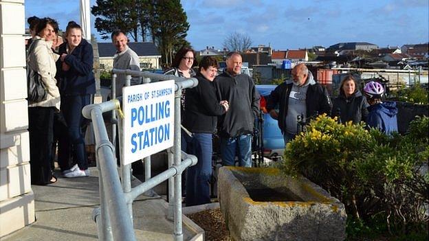 Voters lining up outside St Sampson's Douzaine in 2012