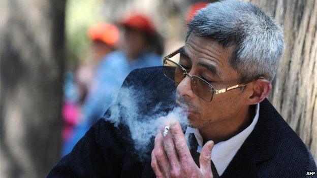 A man smokes a cigarette at a park in Beijing on May 11, 2010