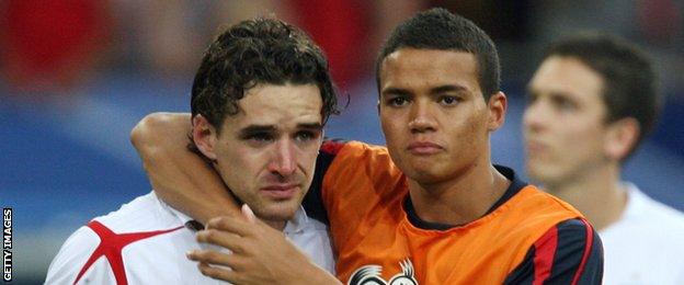 Jermaine Jenas consoles Owen Hargreaves after England are knocked out of the World Cup on penalties by Portugal in 2006