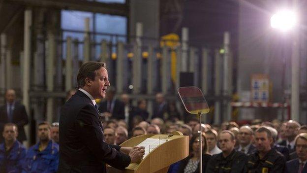 UK Prime Minister David Cameron delivers a speech at JCB World Headquarters in Rocester, central England 28 November 2014