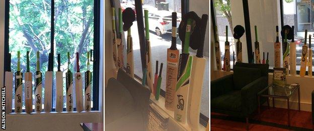 Cricket Australia displayed 63 bats in the windows of their Headquarters in Jolimont Street in Melbourne