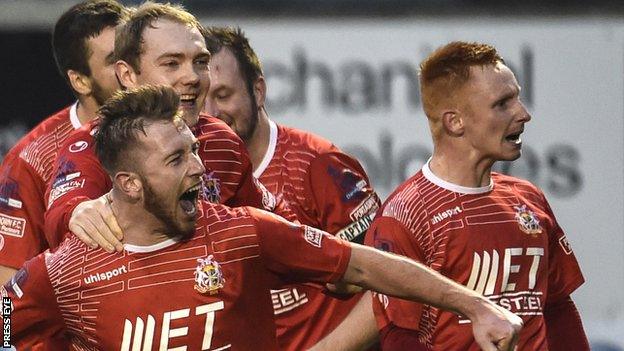 Mark McAllister celebrates after scoring for Portadown against Glentoran