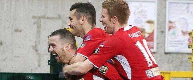 Martin Donnelly celebrates putting Cliftonville ahead against Ballymena