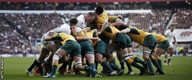 England and Australia pop up at a scrum on Saturday