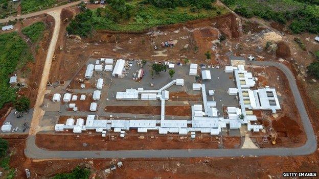 An aerial view of the Kerry Town Ebola Treatment Centre, on the outskirts of Freetown, Sierra Leone (21 November 2014)