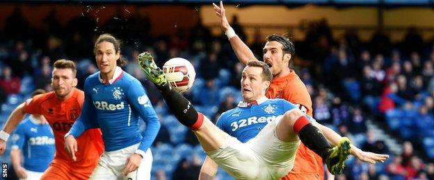 Rangers striker Jon Daly attempts some acrobatics in the Kilmarnock box