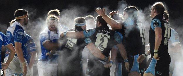 The Glasgow and Dragons players let off steam at Scotstoun