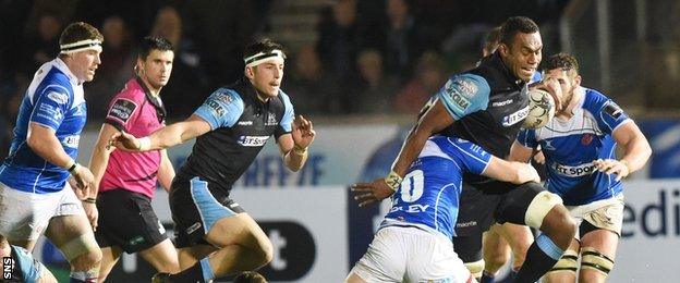 Glasgow Warriors Leone Nakarawa is tackled by James Benjamin