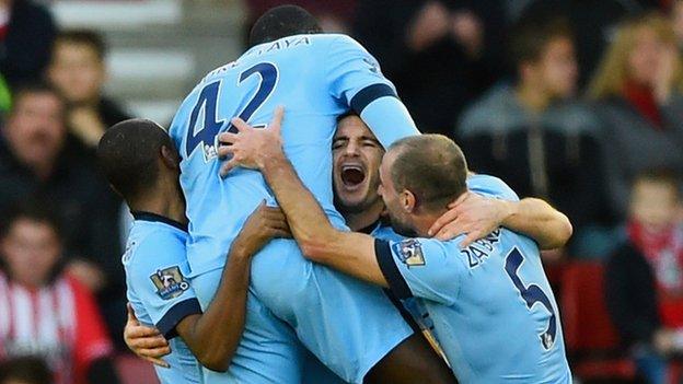 Manchester City players including Frank Lampard and Yaya Toure celebrate a goal in the 3-0 win at Southampton