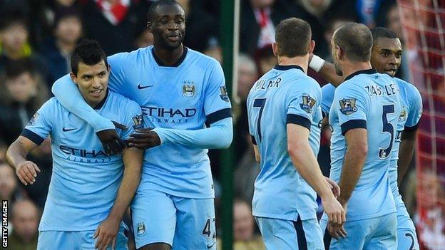 Man City players celebrate a goal against Southampton