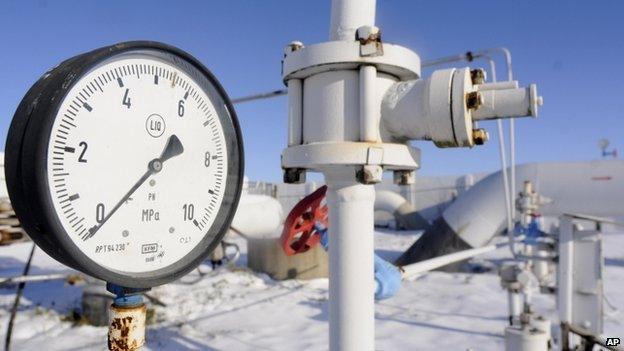 A gas pressure gauge on the main gas pipeline from Russia, in the village of Boyarka near the capital Kiev, Ukraine.