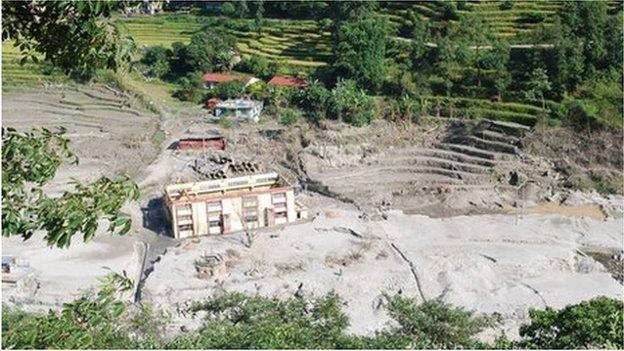 Aftermath of 2 August 2014 landslide - upstream from Mankha village along the River Sinkosi riverbed in Central Nepal.