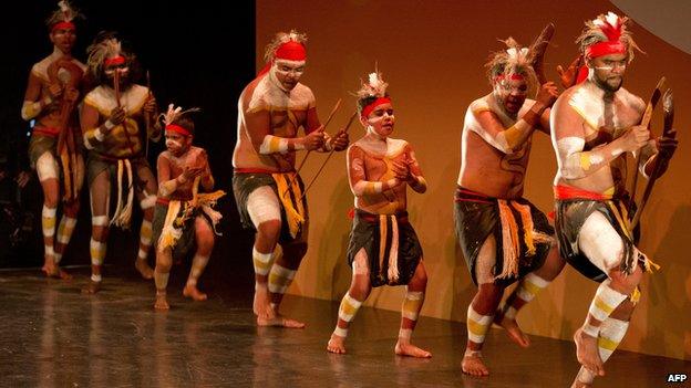 Aboriginal and Torres Strait Island dancers perform at the welcome ceremony for the leaders attending the G20 Summit in Brisbane, 15 November 2014