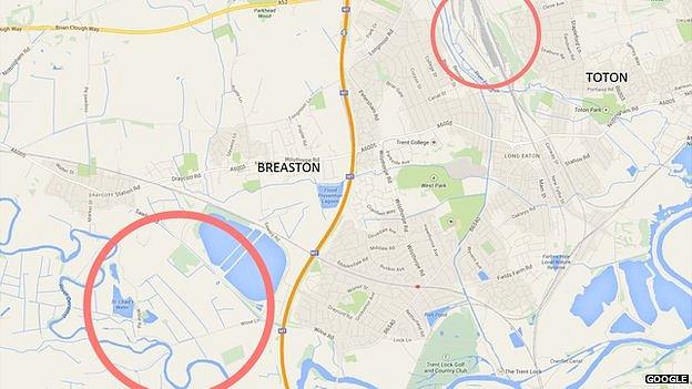 Google map showing Toton and Breaston