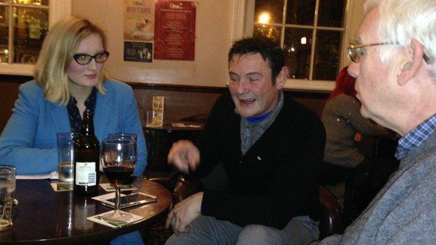 Robyn Whiting, Richard Carter and Paul Salveson of the Yorkshire First party discuss devolution in the pub