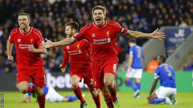 Liverpool captain Steven Gerrard celebrates scoring against Leicester