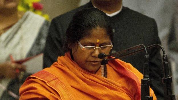 BJP politician Sadhvi Niranjan Jyoti is sworn in as food processing minister on 9 November