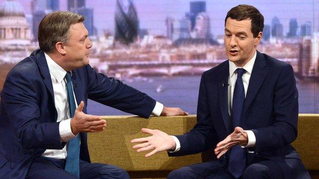 Shadow chancellor Ed Balls debating with Chancellor George Osborne