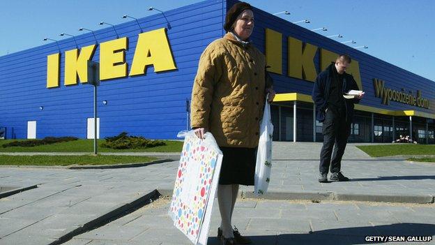 A woman and a man standing outside a Polish Ikea store