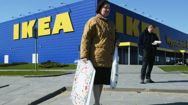 A woman and a man standing outside a Polish Ikea store