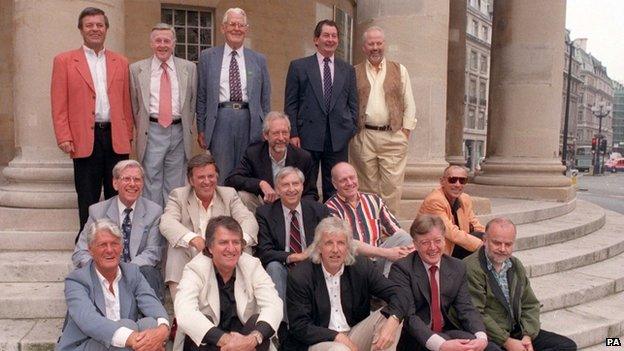 A group of former Radio 1 DJs pictured near BBC Broadcasting House in 1997