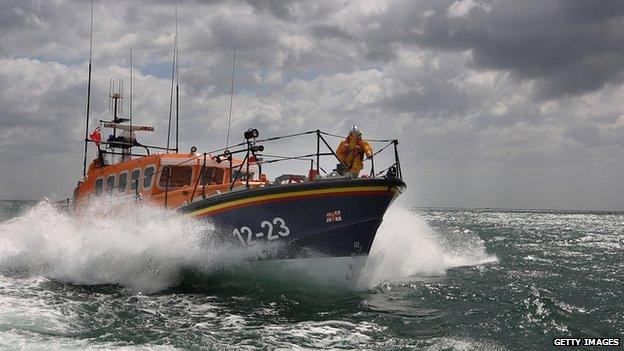 RNLI lifeboat at see near Poole, Dorset