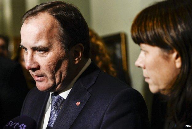 Swedish PM Stefan Lofven speaks to reporters in Stockholm (3 Dec)