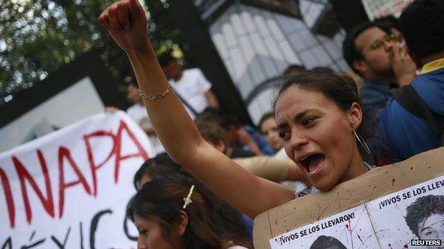 A demonstration to demand justice for the 43 missing students of Ayotzinapa Teacher Training College, in Mexico City, on 5 November 2014.