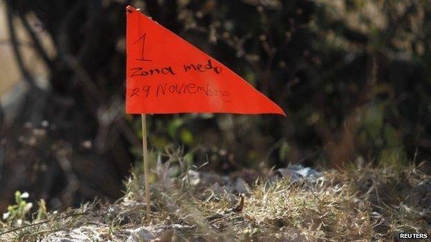 A marker is pictured in an area containing mass graves in La Joya, on the outskirts of Iguala, Guerrero state November 29, 2014